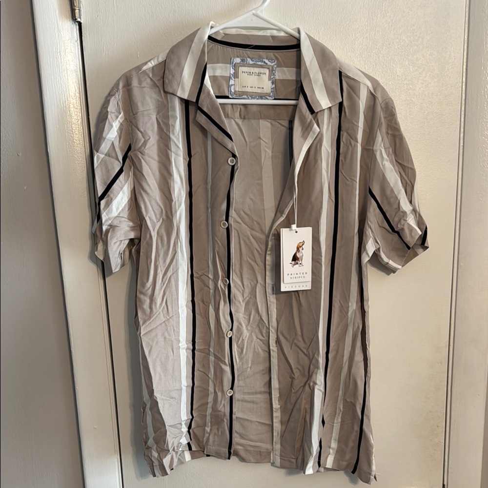 Denim & Flower Men's Striped Button Down Shirt - Beige and Black